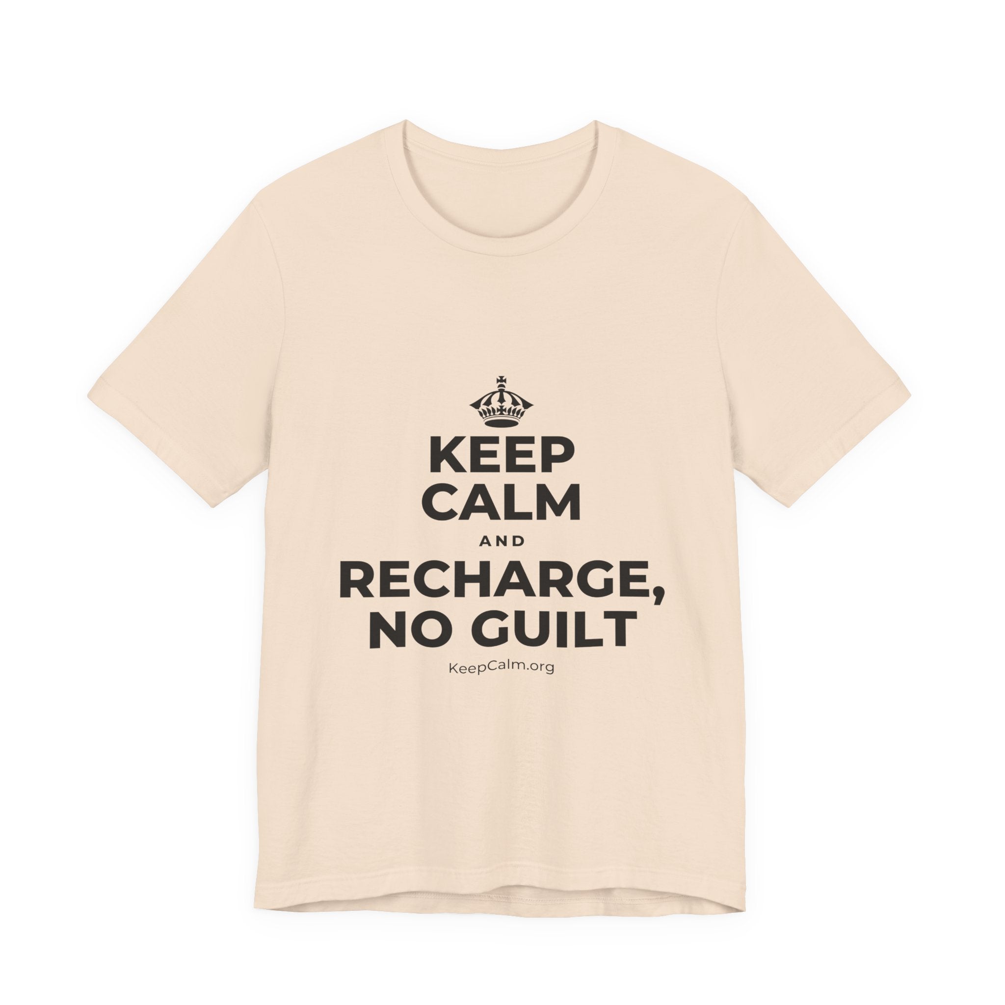 KEEP CALM AND RECHARGE, NO GUILT T-Shirt (Soft Cream–Heather Mauve)