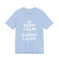 KEEP CALM AND CARRY LIGHT T-Shirt (Baby Blue–Silver)