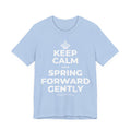 KEEP CALM AND SPRING FORWARD GENTLY T-Shirt (Baby Blue–Silver)
